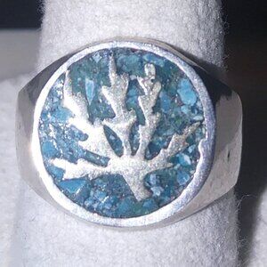 Inlay Ring Tree Leaf Vintage Sterling Silver Blue Stone 8.09 Grams Mexico 925